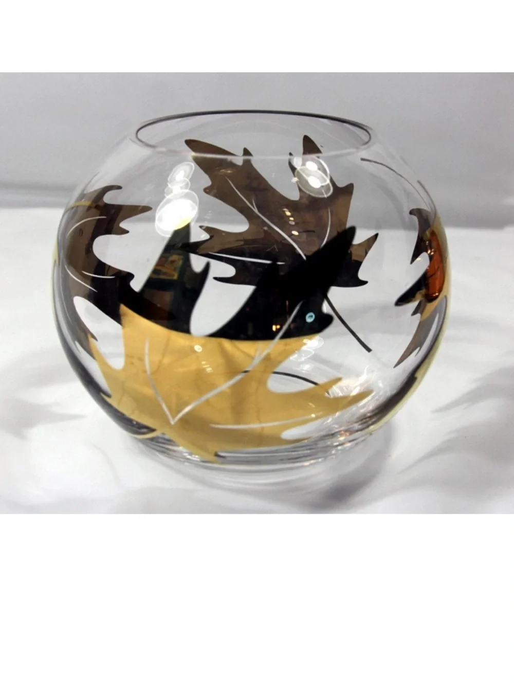 🔍 Teleflora Hand-Painted Gold Maple Leaf Glass Fishbowl Vase